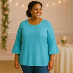 Chicos Top Womens Sz 4 (2X) Glacier Aqua Eyelet Scoop Neck 3/4 Ruffle Sleeve NWT